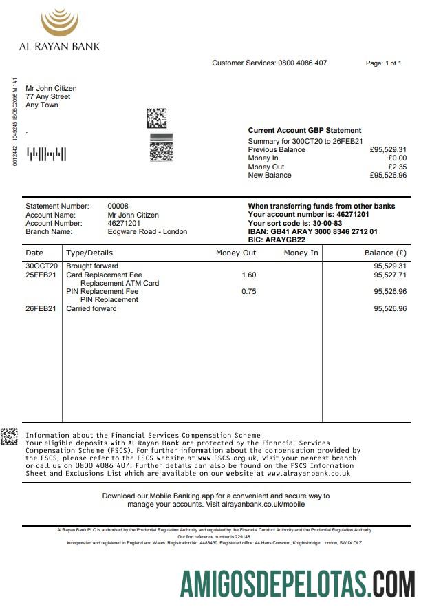 Modelo realista de extrato bancário Al Rayan do Reino Unido em formato Word e PDF